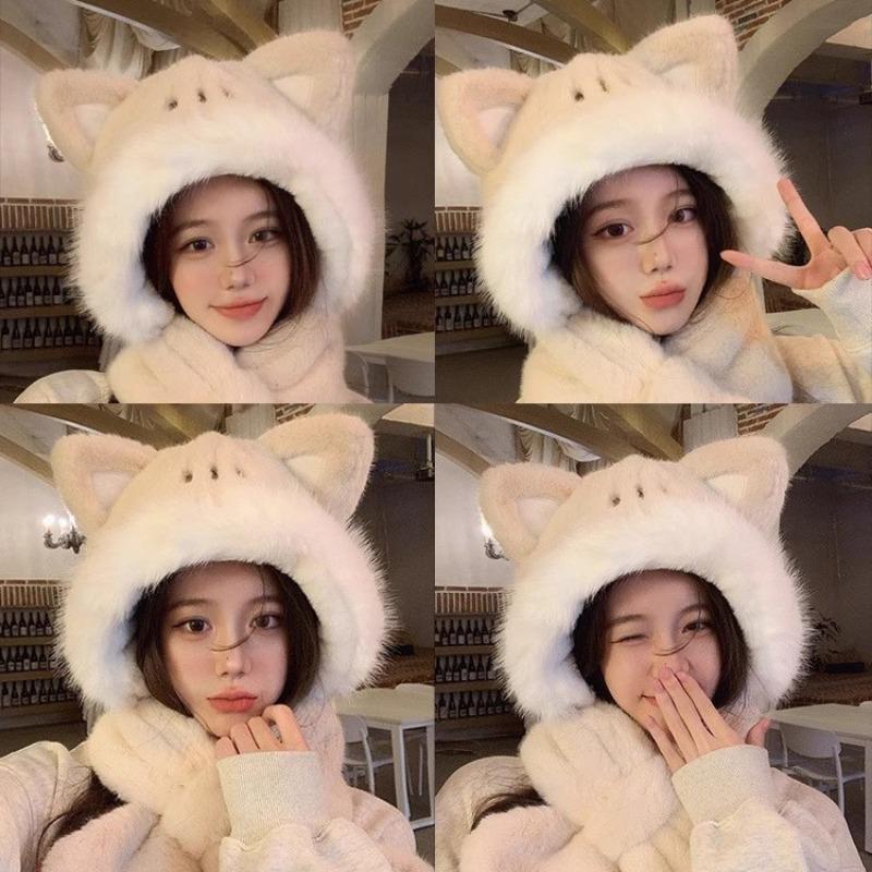 Милая плюшевая шапка с лисьими ушками, женская зимняя шапка-шарф, утолщенная теплая шапка-балаклава