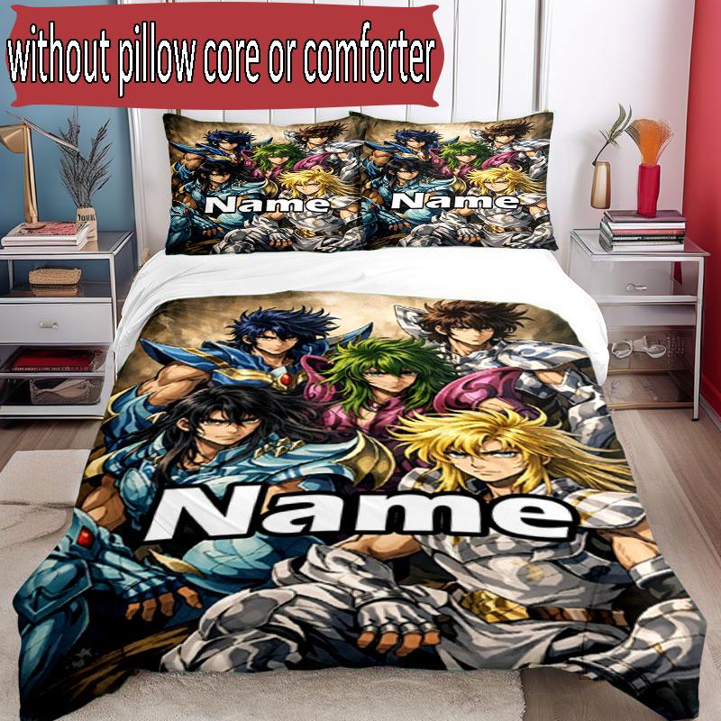 3pcs Duvet Cover Set (1*Duvet Cover + 2*Pillowcase, Without Core), Custom Name Saint Seiya Pattern Bedding Set, Home Bedroom Decor Gift