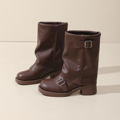 Модные винтажные ботфорты на платформе, женская мода, круглый носок, голенище, металлическая пряжка, нескользящие, износостойкие, блочный каблук, одинарные ботинки