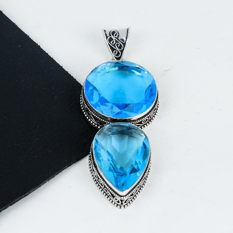 Amazing Swiss Blue Topaz Gemstone Pendant 925 Sterling Silver- Handmade Design, Everyday Wear Jewelry, Unique Swiss Blue Topaz Double Stone Pendant