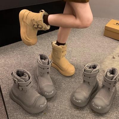 Кожаные ботинки на платформе женские новые 2025 зимние большеголовые хлопковые ботинки на подкладке и с утолщением теплые снежные хлопковые ботинки