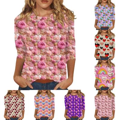 Женская повседневная свободная футболка с круглым вырезом и принтом ко Дню святого Валентина с рукавами три четверти
