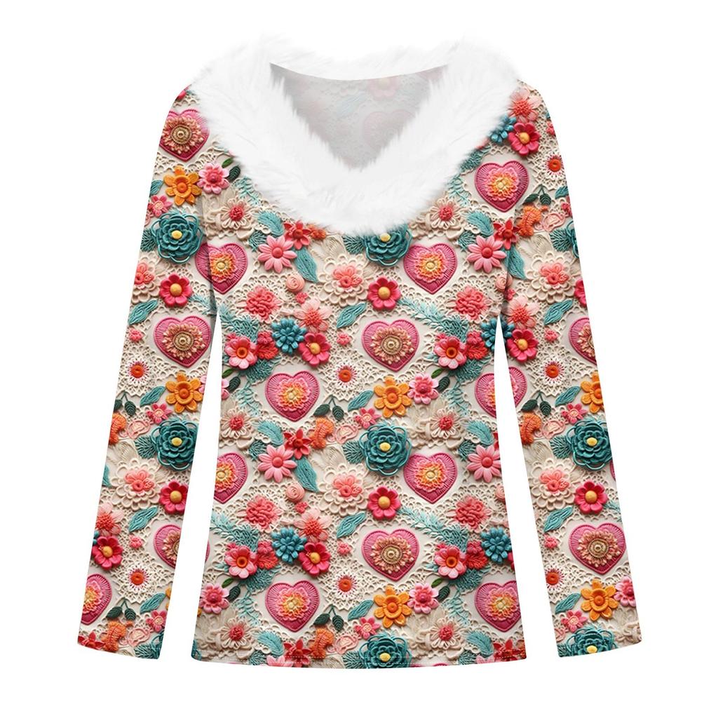 Женская рубашка с длинными рукавами и принтом «Валентинная любовь», повседневная свободная футболка с V-образным вырезом