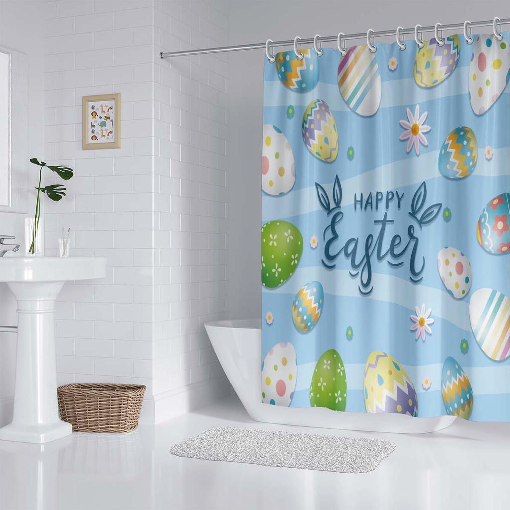 1PC Easter Bunny Easter Egg Decoration Shower Curtain, Playful rabbit theme With 12 hooks,Spring Holiday Bathroom Decoration