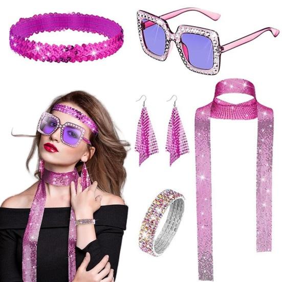 5 Pcs/Set Women Jewelry Set Sequin Rhinestone Decor Vintage 60s 70s Disco Party Favors Cosplay Earrings Sunglasses Bracelet Headband Scarf Set