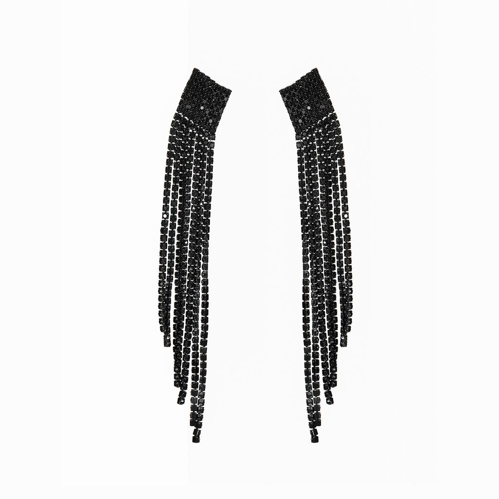 Fashionable Temperament Shiny Full Diamond Long Tassel Earrings Black Match Earrings Women's Earrings 1 Pair