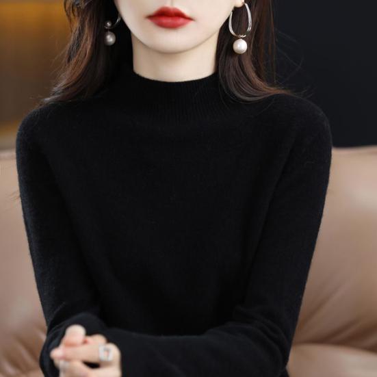 Женский свитер с длинным рукавом и средним воротником, мягкий эластичный однотонный трикотажный нижний слой для повседневной носки