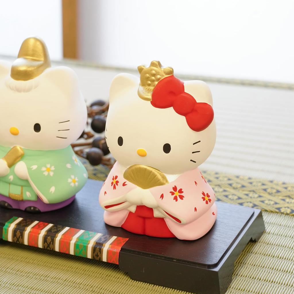 Fukubeya Seto Ware Hello Kitty Standing Hina Dolls with Pedestal | Hinamatsuri (Doll Festival) Ceramic Figurine, Compact, Made in Japan