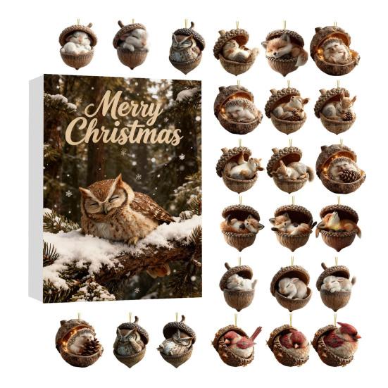 2025 Лесные животные Желуди Украшения Адвент-календарь 2D Акрил Уютный Лес Набор Рождественских украшений Шишка Животное Обратный отсчет Украшение для Рождественской елки