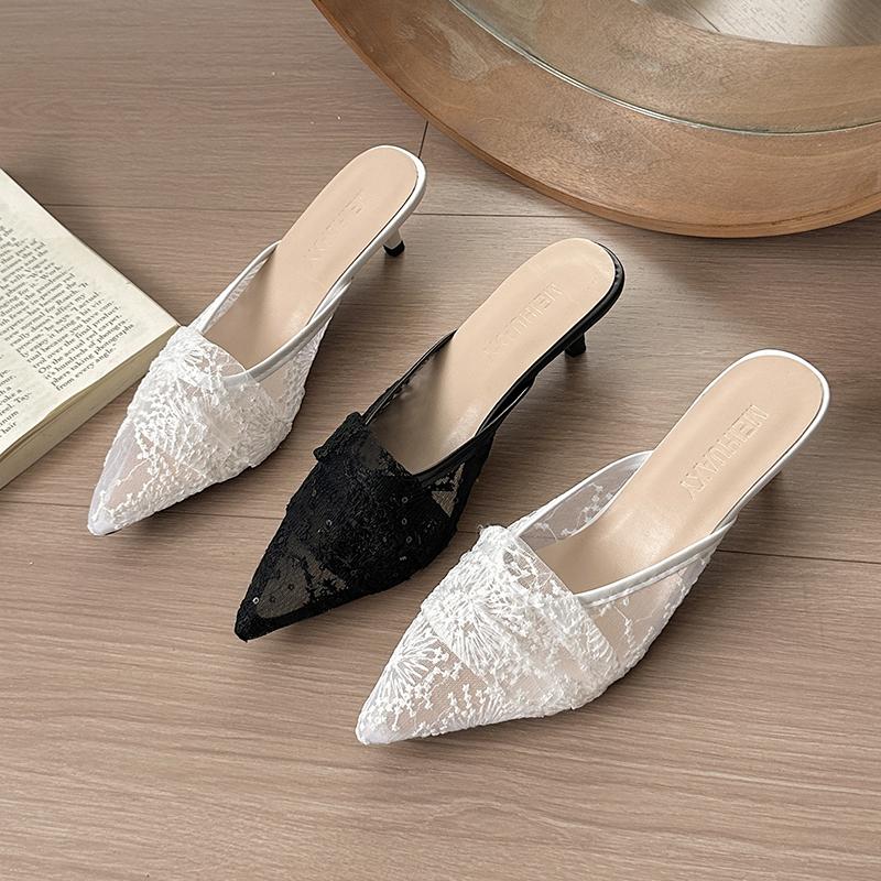 Fashion New Popular White Embroidery Lace Heels Mule Slide Woman Point Toe Stiletto Bride Shoes Ladies Elegant Wedding Party Dress Pumps