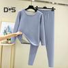 2 Pcs/Set Winter Top Pants Set Thick Plush Round Neck Long Sleeve Elastic Waist Warm Soft Cold Proof Homewear Pajamas Set Thermal Underwear Set
