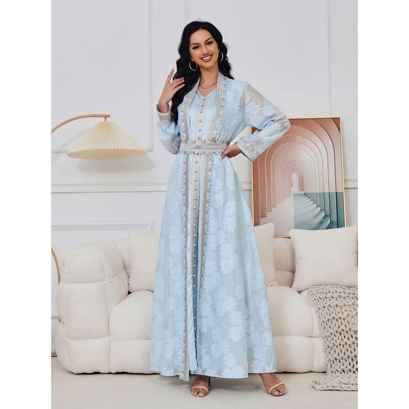 Magic Queen Middle East V Neck Cardigan Base Skirt Two-piece Set Elegant Elegance Hot Drilling Embroidered Dress Dress