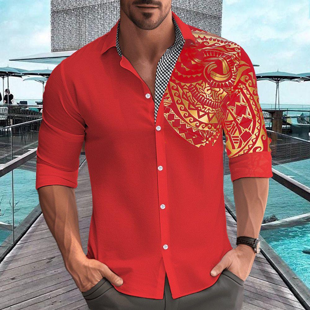 Men's Black Asymmetrical Tribal Print Shirt - Contrast Collar Button-Up Casual Top with Rolled Sleeves