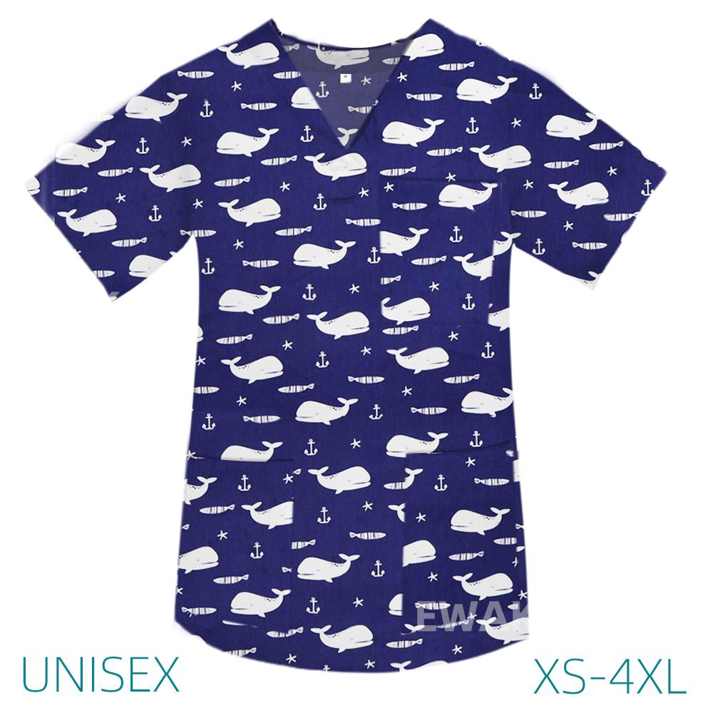 Women Men Clinical Medical Uniforms Soft Tops Scrubs Dogs Printing Nursing Blouse Nurse Doctor T Shirt Operating Room Scrub Tops