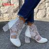 Aphixta Plus Size 43 Summer Breathable Sandals Boots Women Lace Air Mesh Crystals Transparent Square Heels Back Zipper Boots