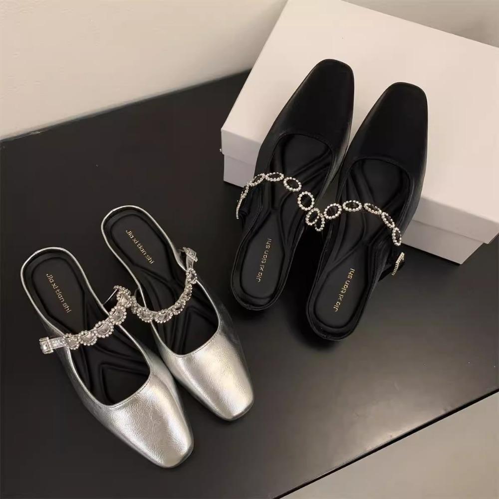 Fashion Fangtou Baotou Half Slippers for Womens 2025 Spring/autumn New Outerwear with Skirt Diamond Chain Thick Bottom Slippers Women's