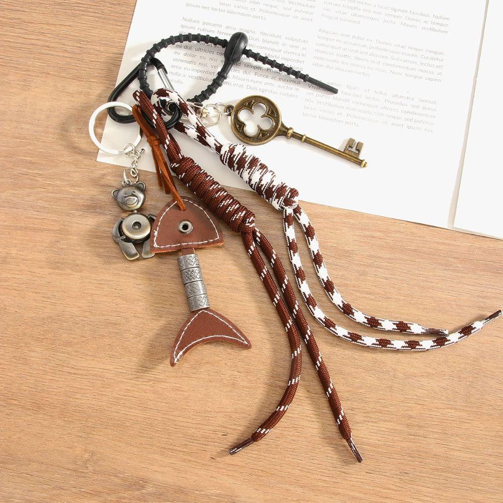 Handmade Vintage Bear Key Pendant PU Leather Woven Ropes Keyring  Jewelry Accessories