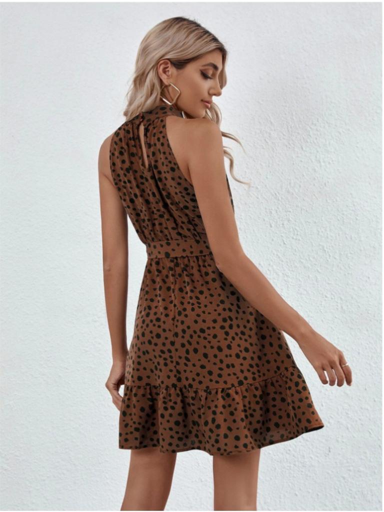 Halter Neck Round Dot Dress Lace Up Ruffle Edge Dress Sleeveless Chiffon Dresses Causal Women Dress