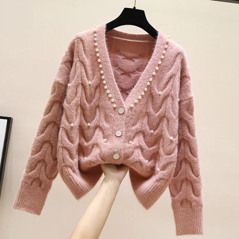 Женский вязаный кардиган Sweet Pearl с v-образным вырезом, женские осенние и зимние универсальные короткие вязаные топы