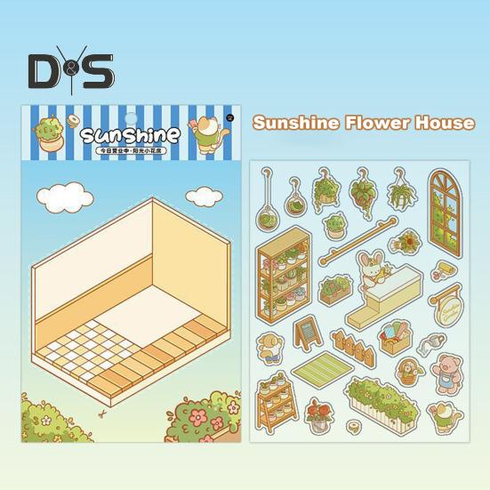 4 Set 3D DIY House Scene Stickers Stress Relief Decals Supermarket Coffee Shop Bookstore Sun Room Library Tear-resistant Surface Stickers