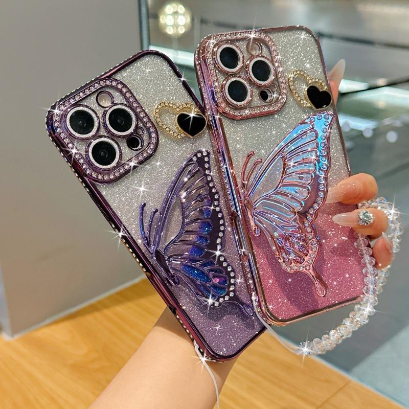 Подходит для чехла на мобильный телефон iPhone17Promax, 14-сторонний, с блестками, держатель-бабочка, защитный чехол Apple 16, браслет 15