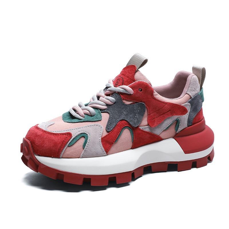 Thick-soled Heightening Dad Shoes Women's Autumn New Leather Comfortable Color Matching Fashion Casual Sports Shoes Trend