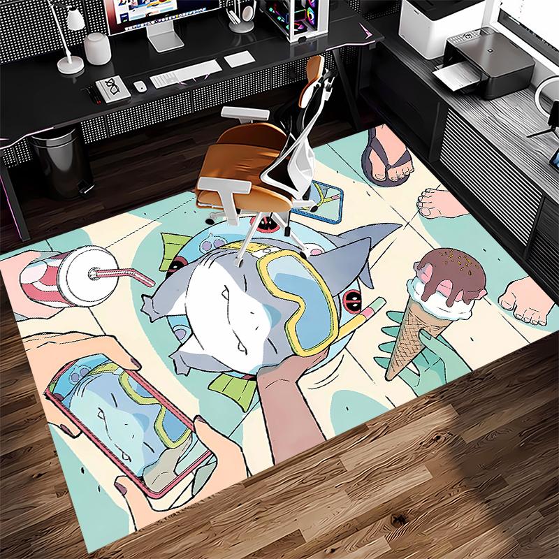 1pc Jeff the Land Shark Print Area Rug - Soft, Washable Non-Slip Indoor Mat for Office Chairs, Living Room, Home Office Decorative Rug