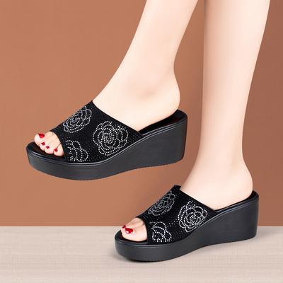 6 см Удобная Толстая Подошва Стразы Платформа Танкетка Шлепанцы Женская Обувь 2025 Лето Средний Каблук Слайды для Офиса Мама Работа