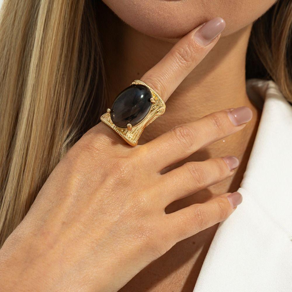 Alloy Chunky Metal Ring Exaggerated Imitation Gemstone Wide Surface Ring Metal Stripe Vintage Style Opening Ring Jewelry Gift
