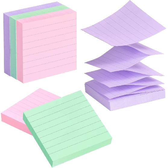 Lined Pop Up Sticky Note 3x3 inch, 6 Pack Accodian Stlye Self-Sticky Notes with Lines, Light Green Pink Purple Color, 100 Sheet/Pad Easy Post