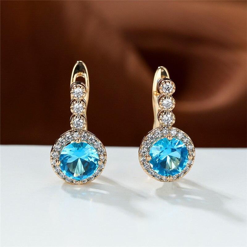 Милые фиолетовые серьги-кольца с кристаллами, розовое золото, маленькие серьги, аквамариновый циркон, круглые серьги из камня для женщин, свадебные украшения