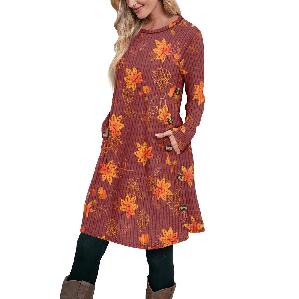 Женское модное повседневное платье-туника с длинным рукавом и карманами, платье с боковыми пуговицами