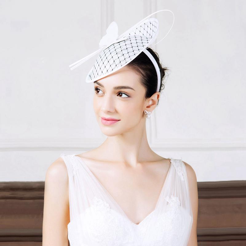 Lady Fedoras Hat Ladies Weddings Black Stripe Heardwear with Veil Women Summer Elegant Party Church Caps B-8162