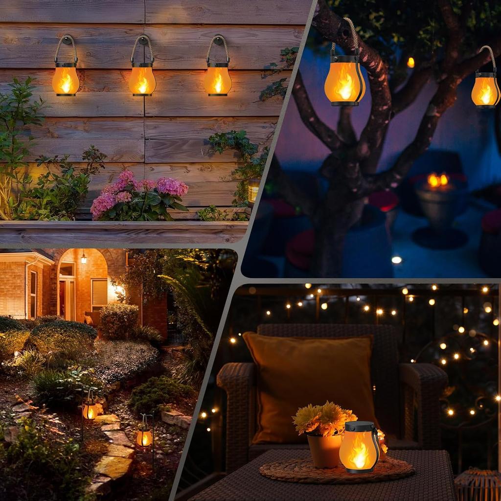 Solar Flame Light Outdoor Waterproof Hemp Rope Hanging Lanterns Solar-Powered Patio Lamp for Landscape Garden Porch Tree 4PCS