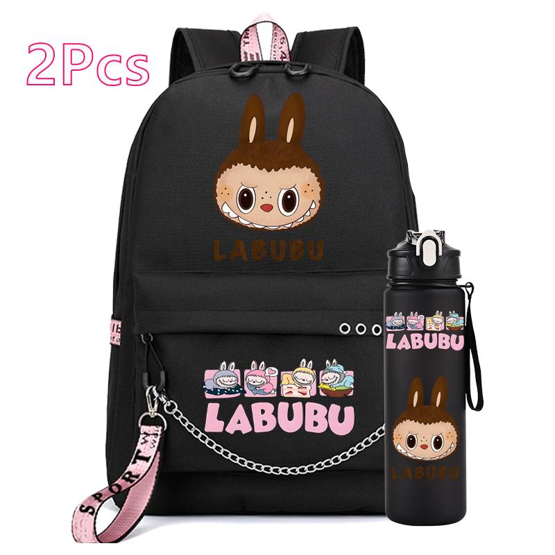 2Pcs/set Anime Printed Backpack Girl Schoolbag Teen Student Back To School Mochila Rucksack Child 750Ml Sport Water Bottle