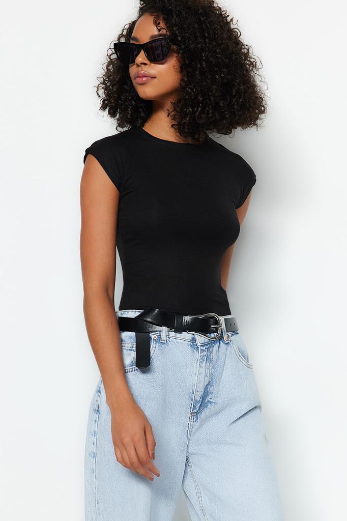 Women's Fashion Blouse Crew Neck Short Black Backless Tie Detailed Ribbed Flexible Knitted Blouse