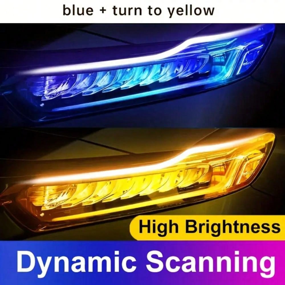 2 шт. Светодиодные ДХО для автомобиля - Гибкие Водонепроницаемые 12В Полосы (Белый ДХО, Желтые сигналы поворота/торможения)