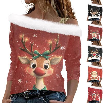 Женские топы с длинными рукавами. Модные женские свободные пуловеры с открытыми плечами с рождественским принтом.