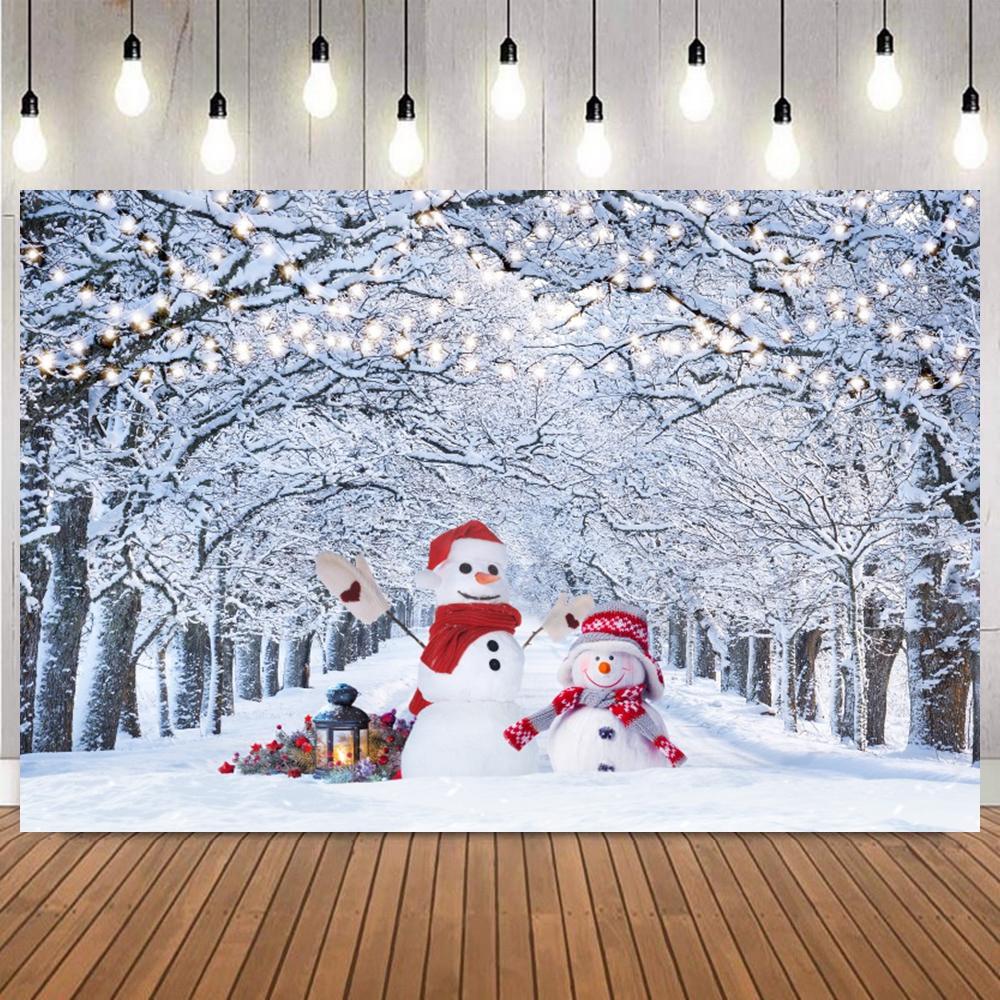 Winter Forest Christmas Photo Backdrop Snowflake Pine Tree Snowman Natural Scenery Family Party Decor Photography Backgrounds