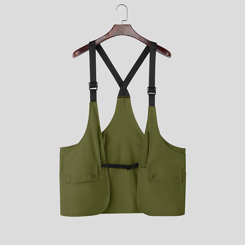 INCERUN Мужской жилет без рукавов с ремешками, пэчворк, карго