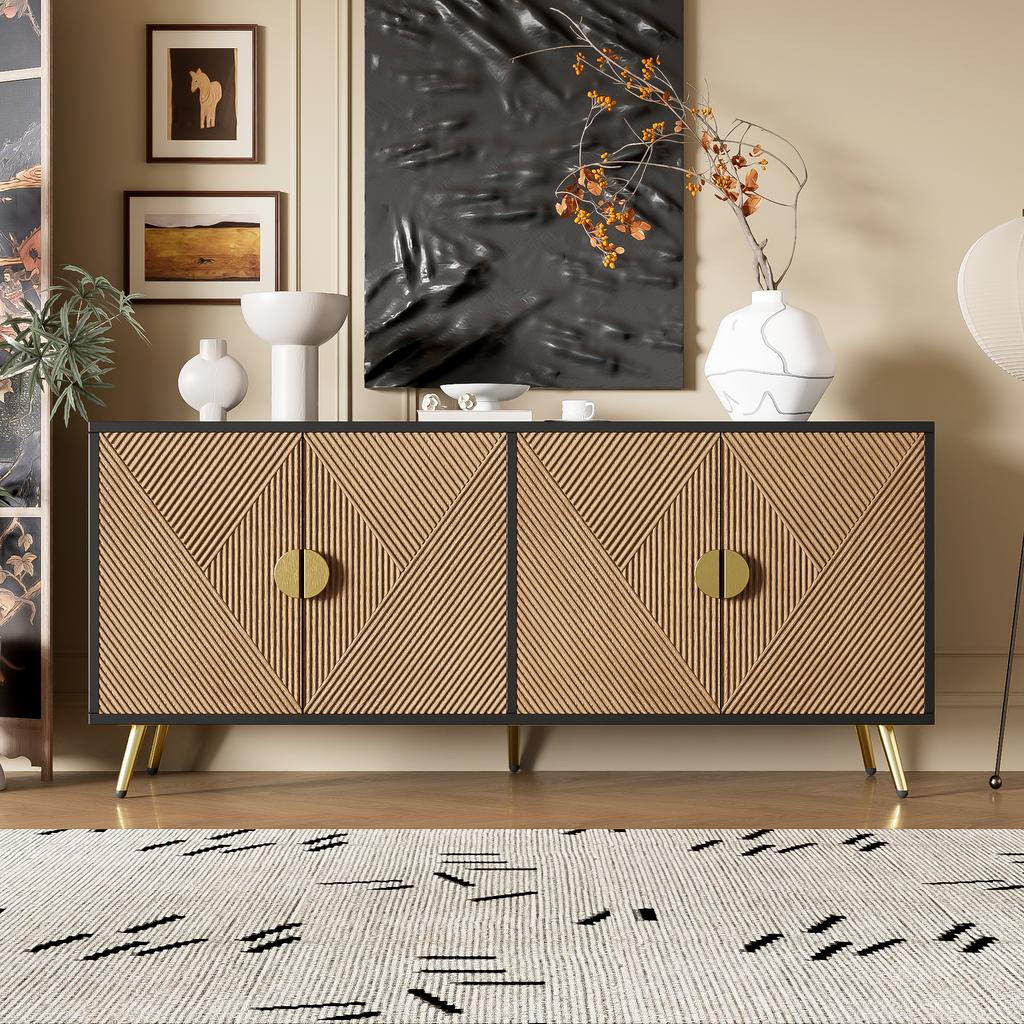 160 cm Sideboard, Four Doors, Golden Brushed Handles and High-Gloss Table Legs