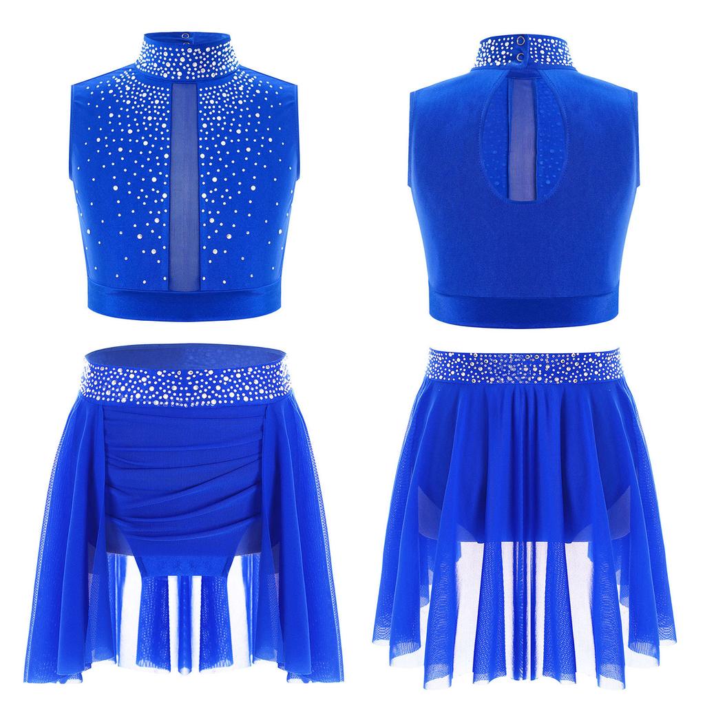 Children’s Sparkle Rhinestone Sleeveless Mock Neck Top Keyhole Back and Ruched Irregular Skirt for Dance Show Practice
