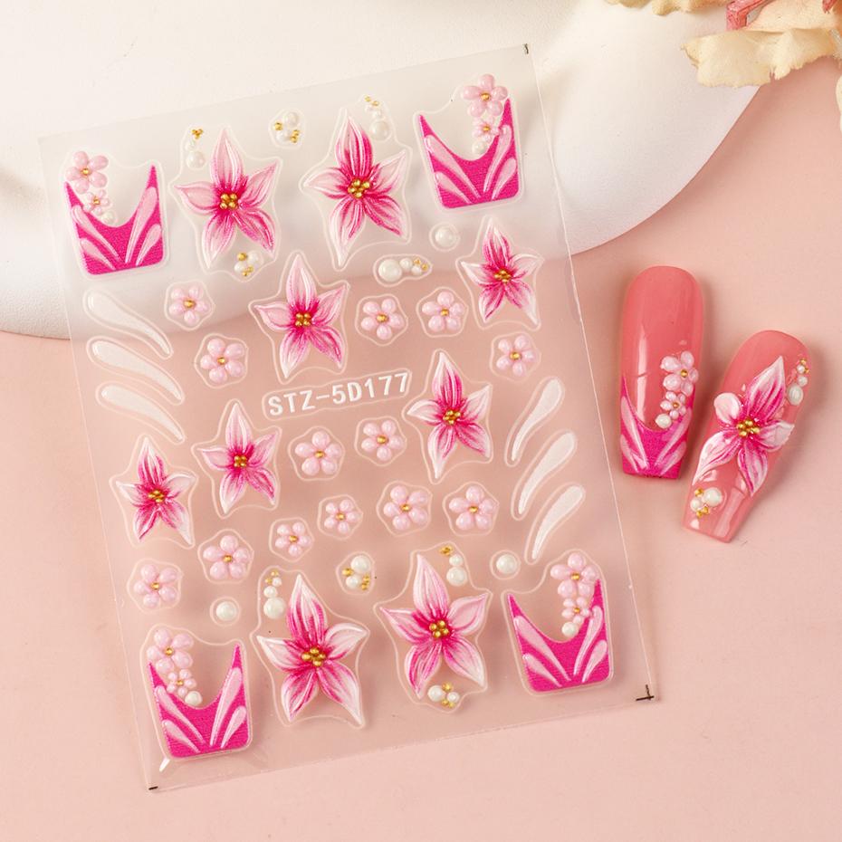 Xiaomi 1/2pcs Embossed Pink Flower Nail Art Stickers Blooming Floral Petal Water Ripples Line French Pattern for Spring DIY Nail Decal