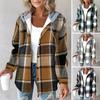 Women Fall Winter Coat Drawstring Hoodie Plaid Print Thick Long Sleeves Single-breasted Cardigan Plush Warm Daily Casual