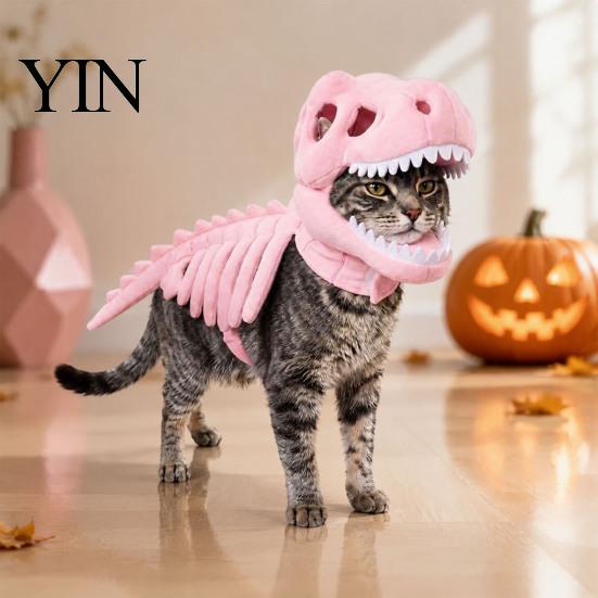 Halloween Pet Apparel Dinosaur Skeleton Costume, Glow-in-The-Dark 3D Apparel, Soft Plush Hat Dino Outfit for Dogs Cats, Cosplay Holiday Party Costume