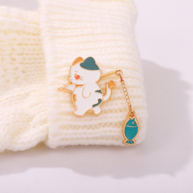 Cat Fishing Brooch Cute Cartoon Fishing Cat Brooch Cowboy Badges Pin Alloy Material for Bookbags Clothes Decorations