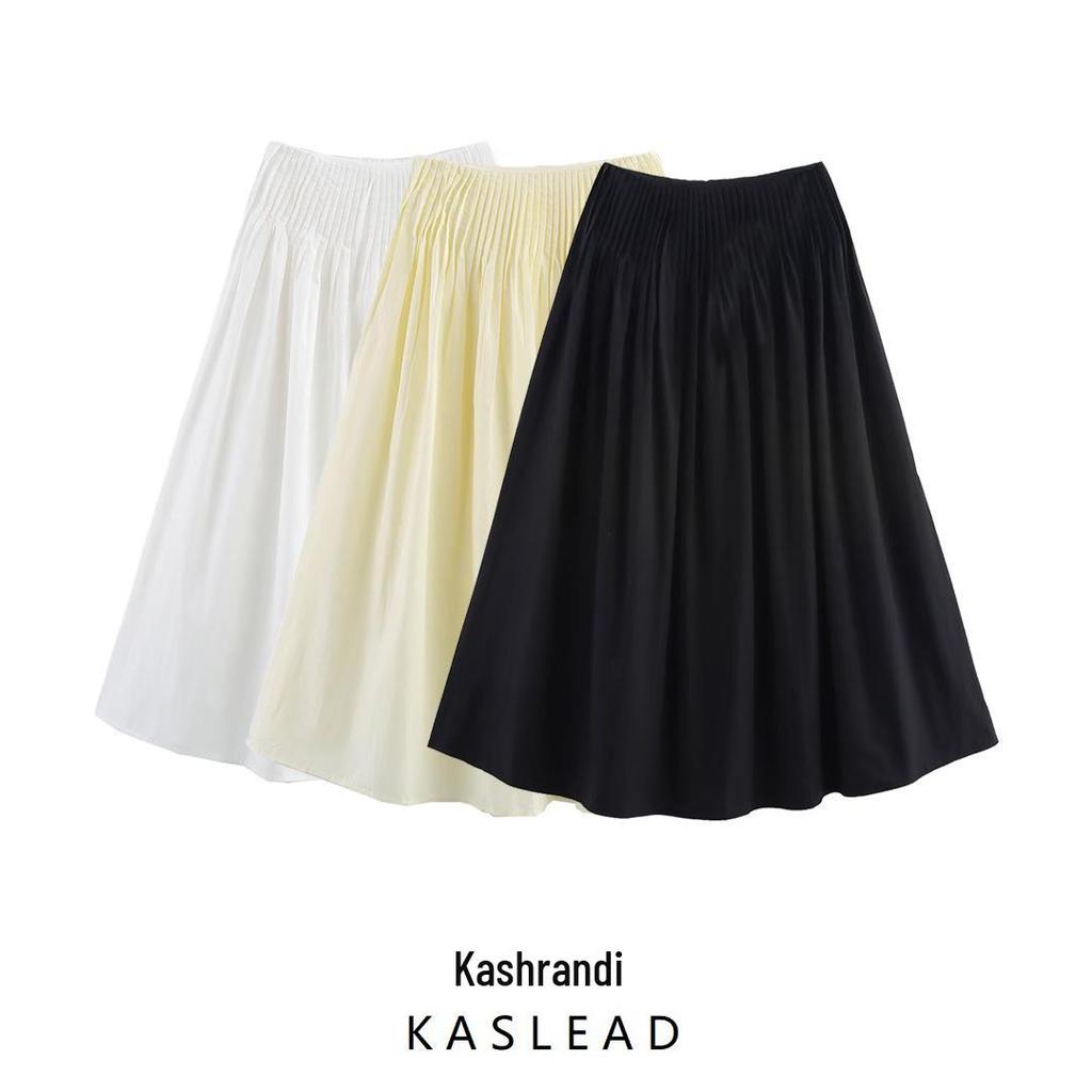 Spring 2025 Women's Fashion: European & American Style Smocked Waist Midi Skirt