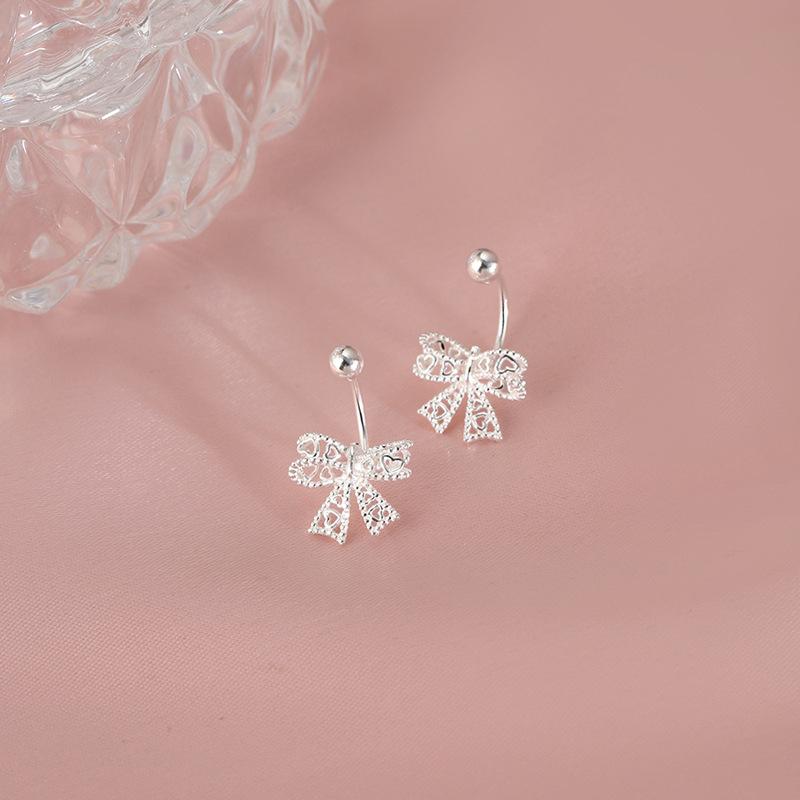 925 Sterling Silver Lace Heart Hollow Bow Screw Buckle Puncture Stud Earrings for Women Fine Jewelry Minimalist Accessories