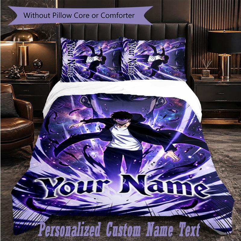 Personalized 3Pcs Bedding SetSolo Leveling Custom Text Duvet Cover Pillowcase Set Bedroom Gift