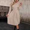 Women's Fashion Autumn Solid Color Print Long Sleeve O-Neck Middle Waistline Casual Dresses